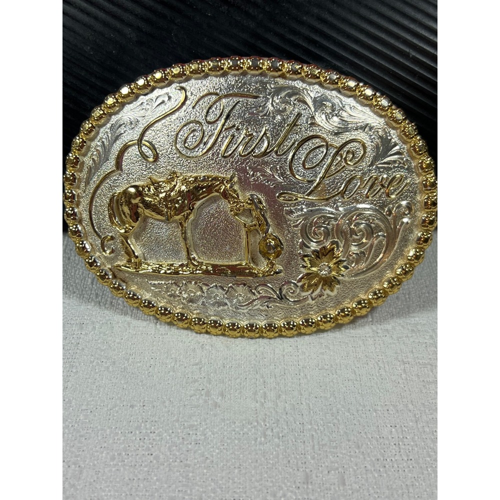 Montana Silversmiths First Love Horse Western Belt Buckle Silver Gold Tone Oval